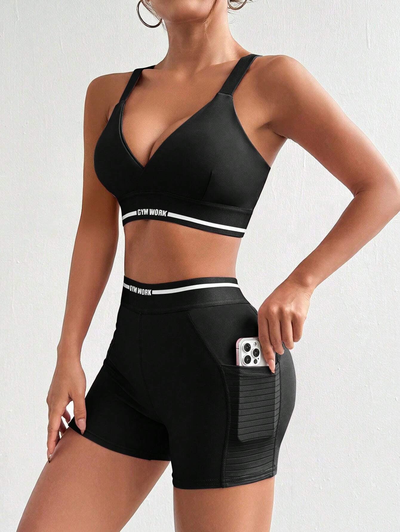 Easify  Sport Women round Neck Short Sleeve Letter Printed Top + Spaghetti Strap Crisscross Back Striped Patchwork Bra and Shorts, 3Pcs Slim Fit Casual Sports Set Workout Women Setwomen Workout Set Gym Women Outfit