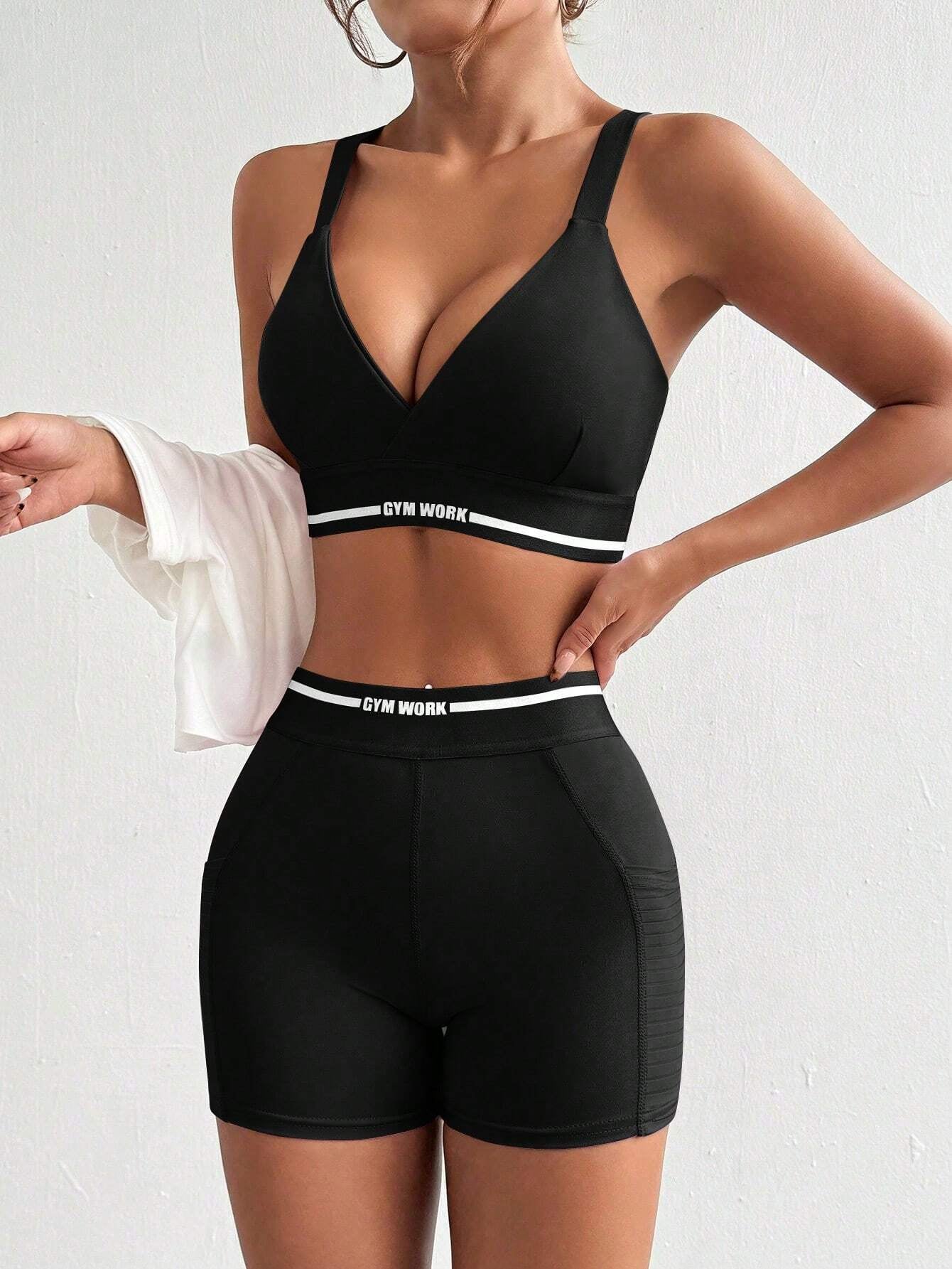 Easify  Sport Women round Neck Short Sleeve Letter Printed Top + Spaghetti Strap Crisscross Back Striped Patchwork Bra and Shorts, 3Pcs Slim Fit Casual Sports Set Workout Women Setwomen Workout Set Gym Women Outfit
