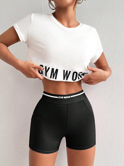 Easify  Sport Women round Neck Short Sleeve Letter Printed Top + Spaghetti Strap Crisscross Back Striped Patchwork Bra and Shorts, 3Pcs Slim Fit Casual Sports Set Workout Women Setwomen Workout Set Gym Women Outfit