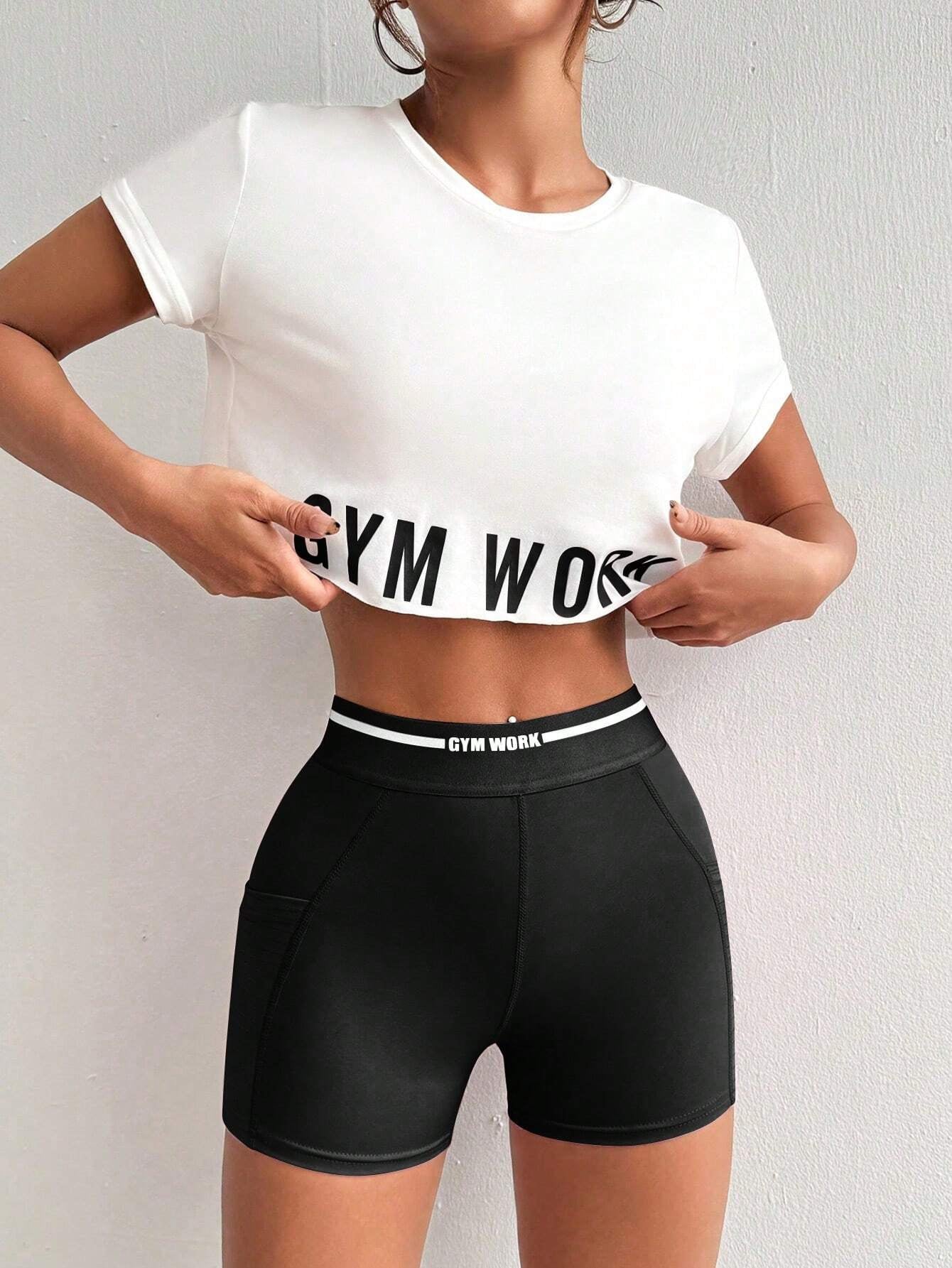 Easify  Sport Women round Neck Short Sleeve Letter Printed Top + Spaghetti Strap Crisscross Back Striped Patchwork Bra and Shorts, 3Pcs Slim Fit Casual Sports Set Workout Women Setwomen Workout Set Gym Women Outfit