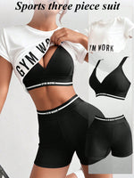 Easify  Sport Women round Neck Short Sleeve Letter Printed Top + Spaghetti Strap Crisscross Back Striped Patchwork Bra and Shorts, 3Pcs Slim Fit Casual Sports Set Workout Women Setwomen Workout Set Gym Women Outfit