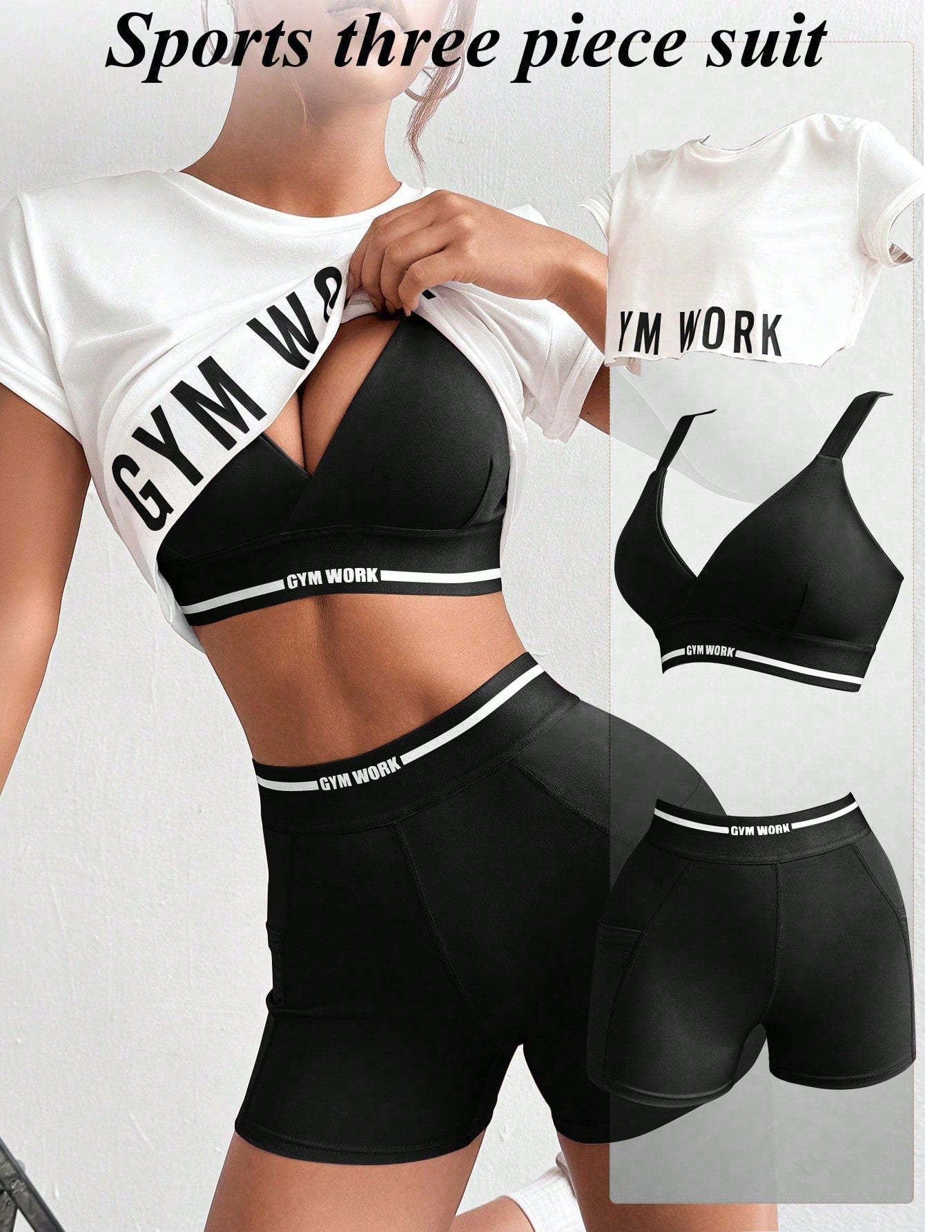 Easify  Sport Women round Neck Short Sleeve Letter Printed Top + Spaghetti Strap Crisscross Back Striped Patchwork Bra and Shorts, 3Pcs Slim Fit Casual Sports Set Workout Women Setwomen Workout Set Gym Women Outfit