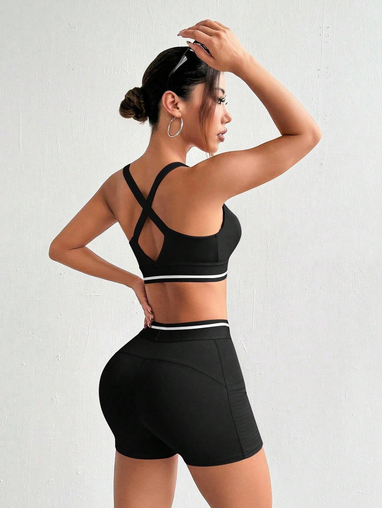 Easify  Sport Women round Neck Short Sleeve Letter Printed Top + Spaghetti Strap Crisscross Back Striped Patchwork Bra and Shorts, 3Pcs Slim Fit Casual Sports Set Workout Women Setwomen Workout Set Gym Women Outfit