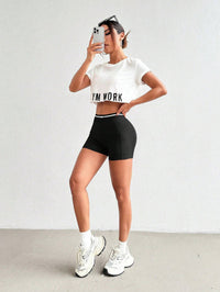 Easify  Sport Women round Neck Short Sleeve Letter Printed Top + Spaghetti Strap Crisscross Back Striped Patchwork Bra and Shorts, 3Pcs Slim Fit Casual Sports Set Workout Women Setwomen Workout Set Gym Women Outfit