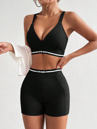 Easify  Sport Women round Neck Short Sleeve Letter Printed Top + Spaghetti Strap Crisscross Back Striped Patchwork Bra and Shorts, 3Pcs Slim Fit Casual Sports Set Workout Women Setwomen Workout Set Gym Women Outfit