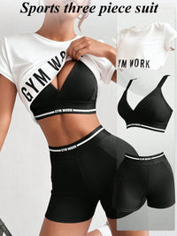 Easify  Sport Women round Neck Short Sleeve Letter Printed Top + Spaghetti Strap Crisscross Back Striped Patchwork Bra and Shorts, 3Pcs Slim Fit Casual Sports Set Workout Women Setwomen Workout Set Gym Women Outfit