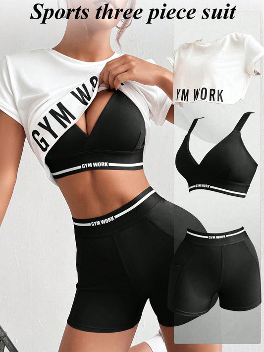 Easify  Sport Women round Neck Short Sleeve Letter Printed Top + Spaghetti Strap Crisscross Back Striped Patchwork Bra and Shorts, 3Pcs Slim Fit Casual Sports Set Workout Women Setwomen Workout Set Gym Women Outfit